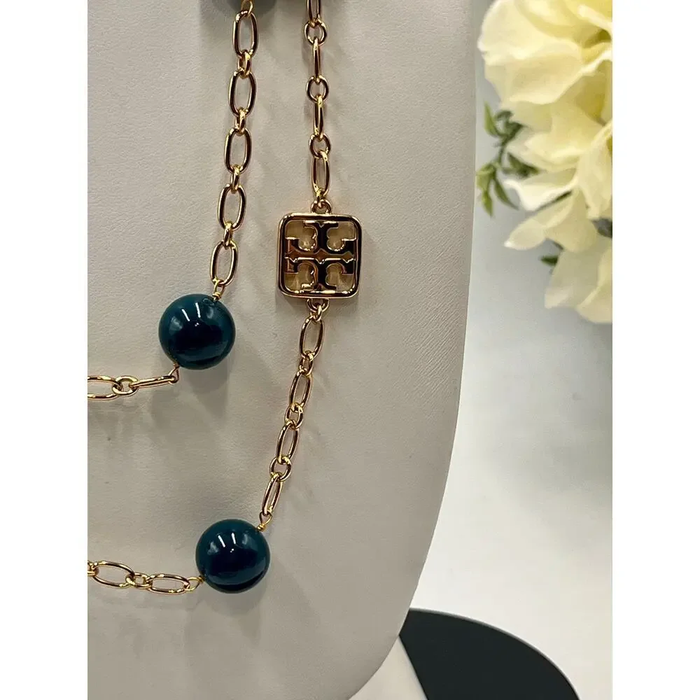 Tory Burch‎ Designer Evie Teal Resin Logo Station Gold Plated Necklace